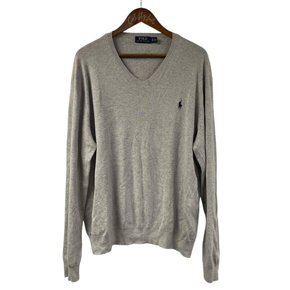 Polo Ralph Lauren Knit Top V Neck Sweater 100% Pima Cotton XL Gray Sewn Pony - Picture 1 of 5